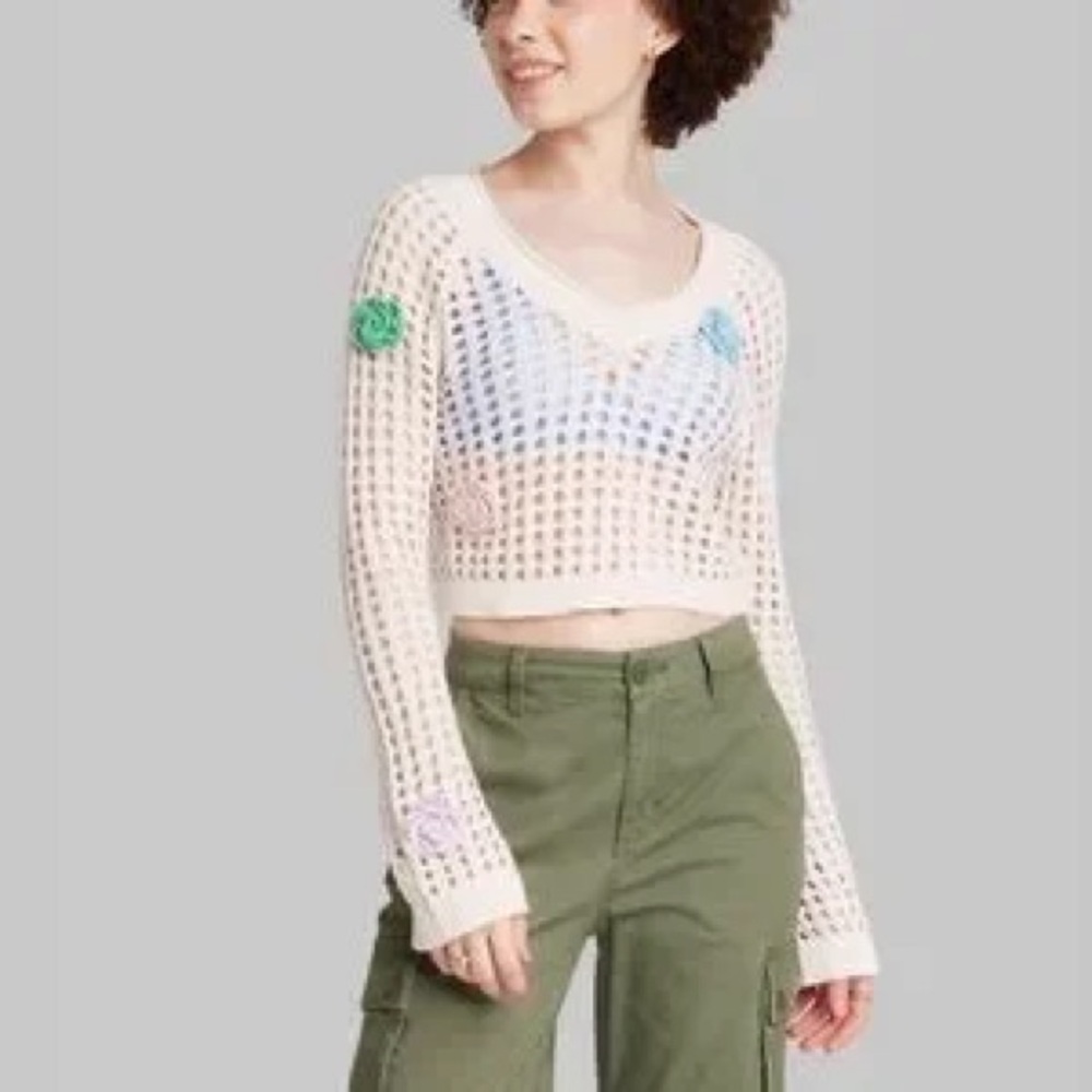 Wild Fable Cropped Open Knit Sweater w Floral Appliqués XS NWT - Picture 7 of 7